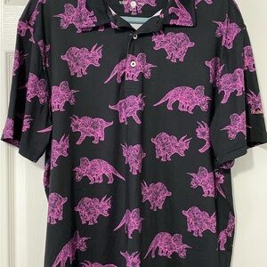 Black Polo Shirt with Pink Dinosaur Print